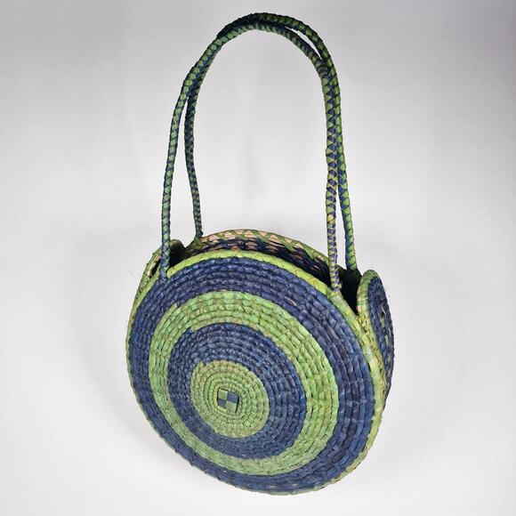Round Hand Woven Circular Basket Tote Shoulder Bag Blue Green Boho Sturdy - Picture 1 of 8